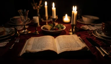 40 Powerful Prayers For The Celebration Of Passover: A candlelit Seder table with an open prayer book.