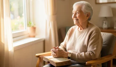 Elderly person finding peace and inspiration in prayer at a nursing home.