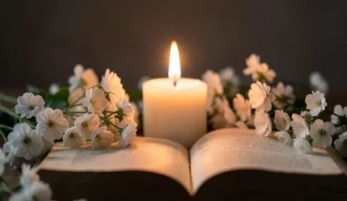 Photo of a candle, flowers, and book for death anniversary prayers.