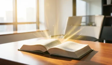 40 Powerful Prayers for Favor at Workplace: Open Bible with divine light in office.