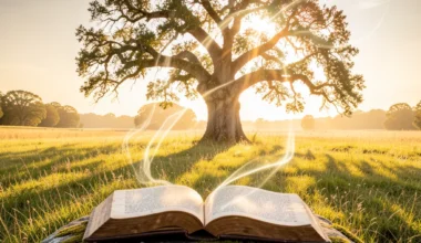 40 Powerful Prayers For Long Life: Ancient oak tree in golden light, symbolizing enduring spirit and wisdom.
